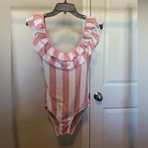 Kortni Jeane Pink and White Striped Ruffle One-Piece Swimsuit